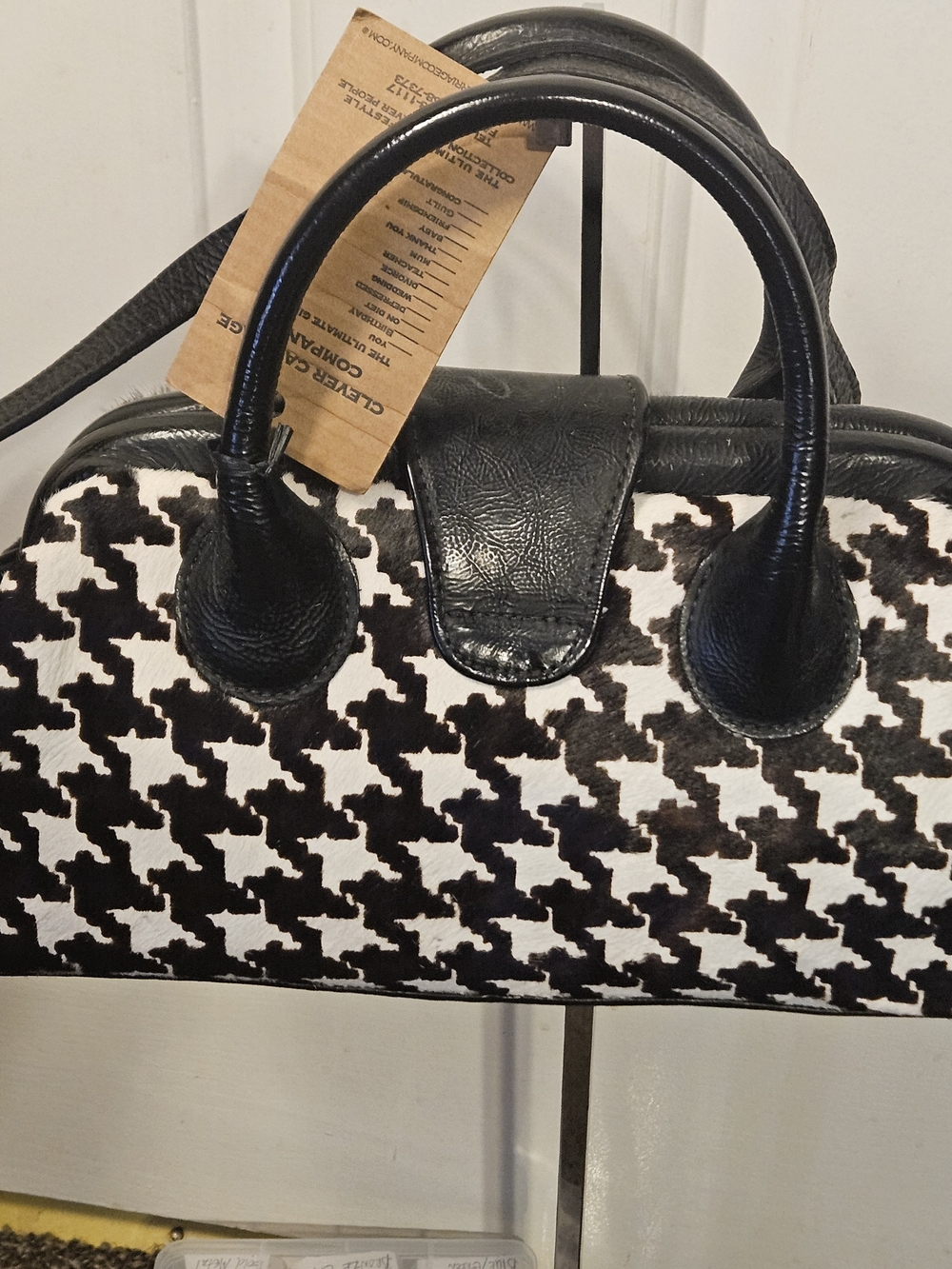 Clever Carriage Calf Hair Black & White Houndstooth Satchel with Black Trim - Picture 3 of 16